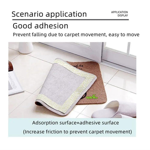 Double-Sided Anti-Slip Rug Tape Gripper For Hardwood Floors And Tile Keeps Rugs In Place visible on tile floor corner showing dual grip