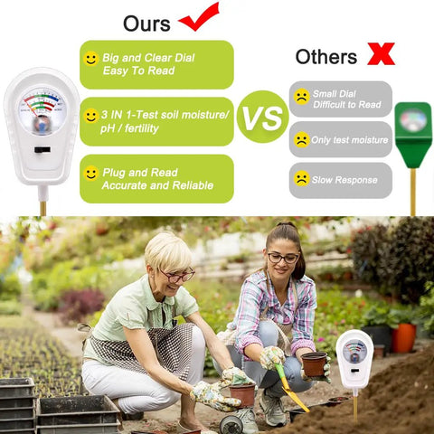 Comparison of 3-in-1 Soil Test Kit vs single moisture tester with two women gardening using All In One 3 In 1 Soil Test Kit.