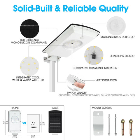 Overview of Dual Color Solar Street Light With Remote Dimmable 6000K Cool White And 3000K Warm White Dusk To Dawn features and components