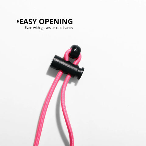 Close-up of pink drawstring closure on Semi Hard EVA Mask Case for Snorkeling and Scuba Gear with Crush Resistant Front Shell.