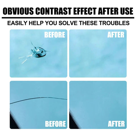 Comparison of windshield before and after using Windshield Crack Repair Kit For Cars Small Chips And Cracks Fix DIY Auto Glass Filler Repair Tool Multifunctional Glass Repair Set With Star Shaped Cracks 3 Sets, showing reduced visibility of cracks.