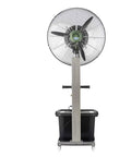 Heavy Duty Industrial Mist Fan With 42 Liter Tank And 75 Cm Stainless Blades Cranks Out Cold Air For Factories And Shops standing front view, stainless steel frame and black reservoir.
