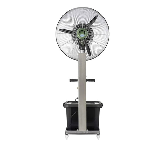 Heavy Duty Industrial Mist Fan With 42 Liter Tank And 75 Cm Stainless Blades Cranks Out Cold Air For Factories And Shops standing front view, stainless steel frame and black reservoir.