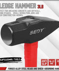 Close-up of 3lb sledge hammer head and handle from Five Piece Hammer Set For Home Workshop, Includes 24oz Ball Pein Hammer, 22oz Claw Hammer, 32oz Rubber Mallet, 3lb Sledge Hammer, And 3lb Cross Pein Hammer, Durable Steel Hammers Kit For DIY Carpentry And Everyday Repairs.