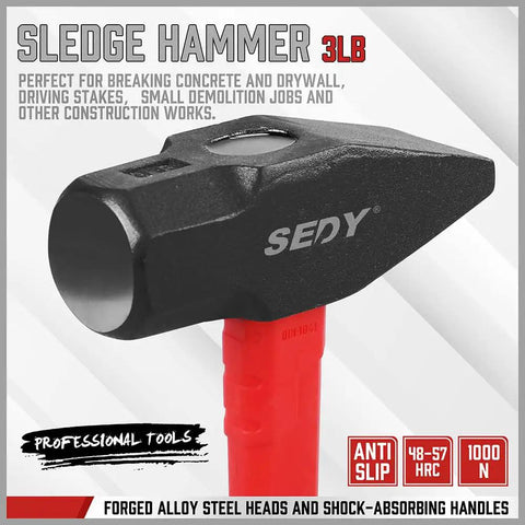 Close-up of 3lb sledge hammer head and handle from Five Piece Hammer Set For Home Workshop, Includes 24oz Ball Pein Hammer, 22oz Claw Hammer, 32oz Rubber Mallet, 3lb Sledge Hammer, And 3lb Cross Pein Hammer, Durable Steel Hammers Kit For DIY Carpentry And Everyday Repairs.