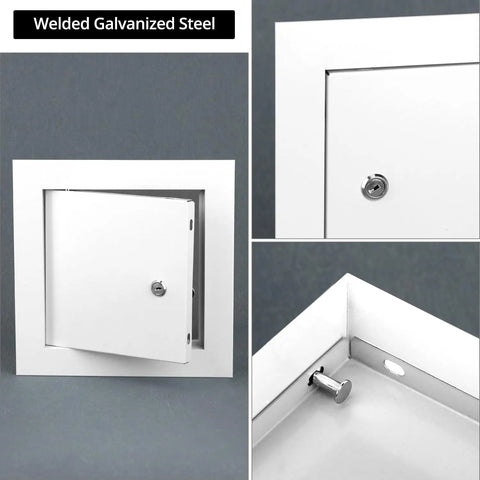 Heavy Duty Aluminum Alloy Access Panel 6X6 Inch Service Door For Wall And Ceiling Electrical Repair With No Sweat Screwdriver Latch Opening, showcasing a white finish and key latch.