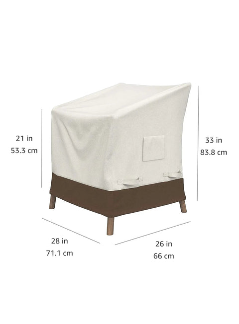 Outdoor Patio Chair Covers For Two, Waterproof And UV Resistant, Weatherproof And Durable, set of 2 beige tan covers on chairs with dimensions.