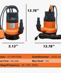 Professional Grade 0.5HP Submersible Water Pump With Automatic Float Switch 110V, 5.12in width, 13.78in height.