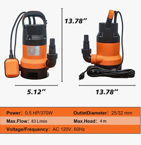 Professional Grade 0.5HP Submersible Water Pump With Automatic Float Switch 110V, 5.12in width, 13.78in height.