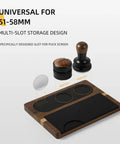 No Sweat Solid Wood And Non Slip Silicone Espresso Tamping Mat Fits All Standard 51 To 58 Millimeter Portafilters Catches Loose Grounds with multi-slot design.