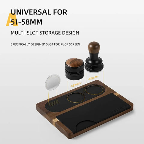 No Sweat Solid Wood And Non Slip Silicone Espresso Tamping Mat Fits All Standard 51 To 58 Millimeter Portafilters Catches Loose Grounds with multi-slot design.