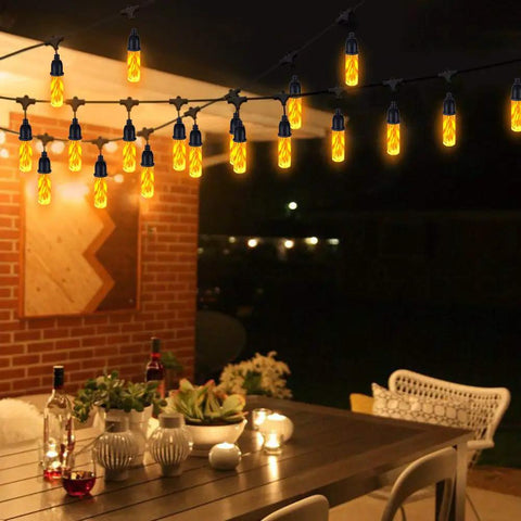 Flickering Flame Outdoor String Lights 27 Ft USB Charged Waterproof Patio Decor For Garden Backyard Party Christmas Warm Yellow LED Bulbs With 10 Flame Effect LEDs And Easy Hanging Design For Deck Porch Or Fence To Create Cozy Yard Vibes