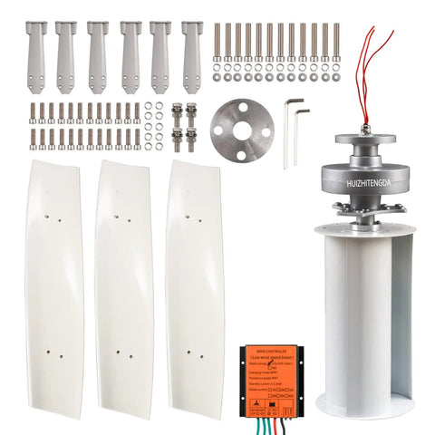 High Power 48V 10000W Vertical Wind Turbine Kit components including coreless generator and fiberglass blades