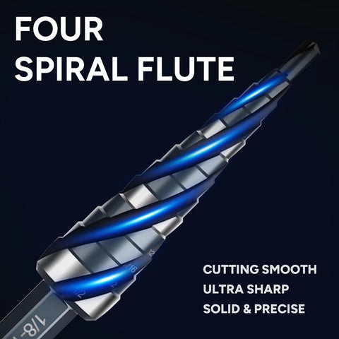 Close-up of a step drill bit's four spiral flute design, part of Five Piece Four Spiral Flute Step Drill Bit Set 1/8 To 1-3/8 Inch High Speed Steel Unibit With 1/4 Inch And 3/8 Inch Hex Shanks For Stainless Steel Metal Aluminum Wood And Plastic.