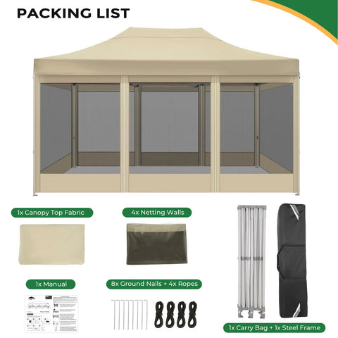 10x15 Heavy Duty Pop Up Canopy Tent With Sidewalls Pro Grade Gazebo for outdoor parties with packing list and accessories.