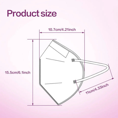 Diagram of KN95 Disposable Face Mask 25 Pack 5-Ply Breathable Safety Masks with dimensions, showing side view and size details.