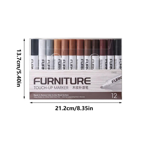 12 Color Wood Marker Set For Furniture Repair, Scratch Cover And Stain Pen Kit in packaging showing 12 markers for wood surfaces