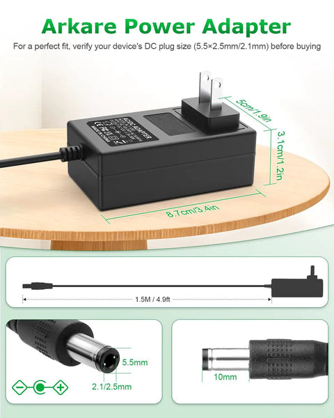 12V 3A DC Power Supply Adapter 36W for LED strips, 3D printers, CCTV cameras, with 5.5x2.5mm plug and 4.9ft cable.
