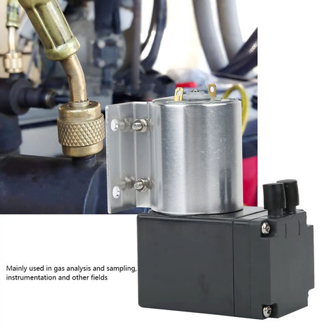 Dc 12 Or 24 Volt Mini Vacuum Pump With Integrated Mount positioned for gas analysis with connectors visible, 10 Watt diaphragm compressor.