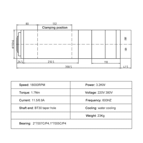 Technical diagram of Water Cooled CNC Spindle 3.2KW ATC 220V 380V With BT30 Tool Holder 600Hz 18000RPM detailing dimensions and specs