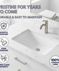 Undermount White Bathroom Sink 18 By 12 Inch Interior Rectangular Bowl Fits 24 Inch Vanity Cabinet Vitreous China High Gloss Finish Scratch And Stain Resistant Sick Vanity Upgrade With Clean Look image showing sink on marble countertop with faucet and labeled features.