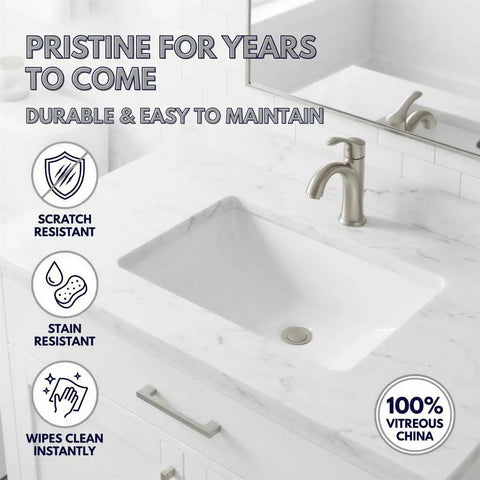 Undermount White Bathroom Sink 18 By 12 Inch Interior Rectangular Bowl Fits 24 Inch Vanity Cabinet Vitreous China High Gloss Finish Scratch And Stain Resistant Sick Vanity Upgrade With Clean Look image showing sink on marble countertop with faucet and labeled features.