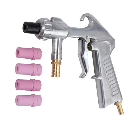 Sand Blaster Gun Kit With 4 Ceramic Nozzles And Extra Iron Nozzle Tip Set For Surface Sanding And Marble Engraving Pro Grade Performance Durable Alloy Steel Nozzles For High Pressure Home Shop Projects, showing gun with nozzles