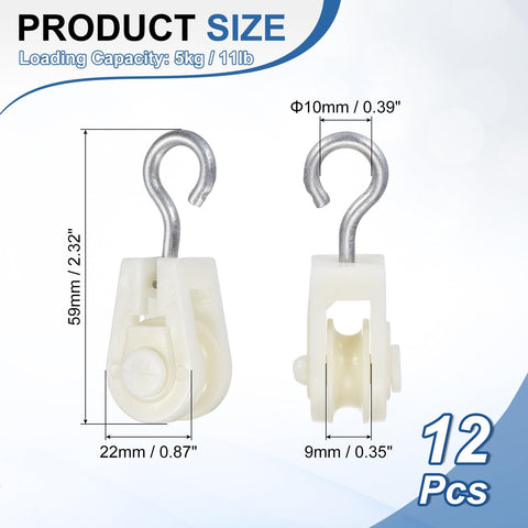 Mini Nylon Pulley Wheel 12 Pack 0.39 Inch Inner Diameter 2.32 Inch Length Plastic Pulleys Single Sheave for Rope Lifting diagram