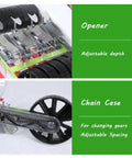 Detail of Handheld Garden Seeder For Corn And Beans Manual Seed Drill Easy To Use Lawn And Garden Spreader Machine showing opener and chain case