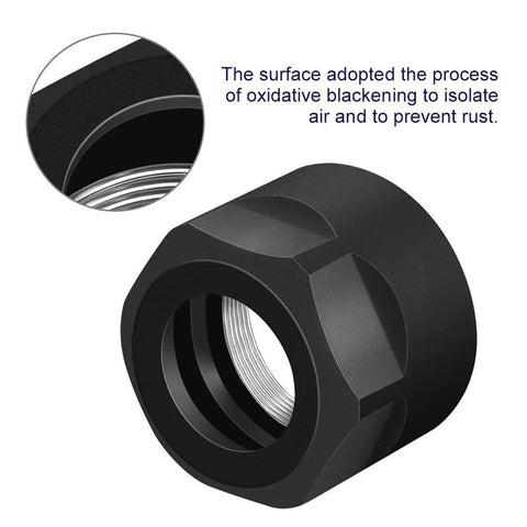 Close-up of Heavy Duty Pack Of 5 ER16A Collet Chuck Nuts For CNC Milling Lathes Precision Ground Hardened Steel with oxidized black finish.