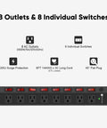Heavy Duty 8 Outlet Power Strip With Individual Switches, 1200 Joules Surge Protection, 6 Foot Cord, Black, Wide Spaced Plugs, Dope for Home Office, Entertainment Setup, and Multi Device Charging. 8-outlet black strip with flat plug and 6 ft cord