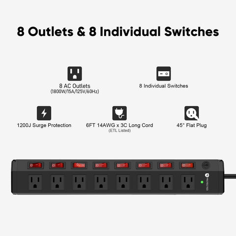 Heavy Duty 8 Outlet Power Strip With Individual Switches, 1200 Joules Surge Protection, 6 Foot Cord, Black, Wide Spaced Plugs, Dope for Home Office, Entertainment Setup, and Multi Device Charging. 8-outlet black strip with flat plug and 6 ft cord