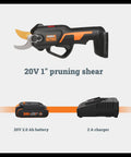 Front view of 20V Nitro Pruning Shear And Lopper WG330 Cordless With Titanium Plated Blade Brushless Motor, battery, and charger