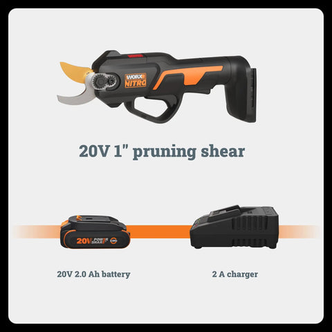 Front view of 20V Nitro Pruning Shear And Lopper WG330 Cordless With Titanium Plated Blade Brushless Motor, battery, and charger