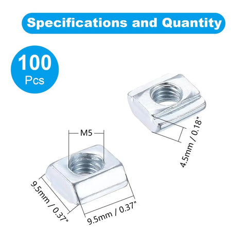 100Pcs M5 Sliding T Nuts For 20X20 Aluminum Extrusion 6mm T Slot Easy End Load Metric M5 Zinc Plated Carbon Steel Specifications