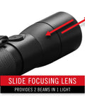 Close-up of HX5 410 Lumen LED Flashlight with slide focus lens and pure beam focusing technology in black