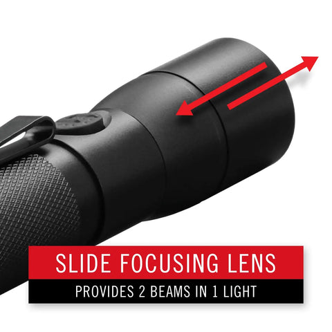 Close-up of HX5 410 Lumen LED Flashlight with slide focus lens and pure beam focusing technology in black