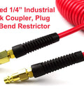 Heavy Duty Self Coiling Air Hose With Legit Slick Polyurethane Build And 3/8 Inch ID By Ten Feet Length Featuring Bend Restrictor and Repairable Quick Connect Fittings For Smooth Garage Grind and Zero Tangle Headaches In Red with installed quick coupler.