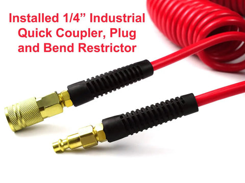 Heavy Duty Self Coiling Air Hose With Legit Slick Polyurethane Build And 3/8 Inch ID By Ten Feet Length Featuring Bend Restrictor and Repairable Quick Connect Fittings For Smooth Garage Grind and Zero Tangle Headaches In Red with installed quick coupler.
