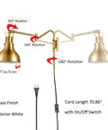 Plug In Gold Swing Arm Wall Sconces Set Of Two Modern Brass Finish Wall Lamps showing rotation angles and cord details