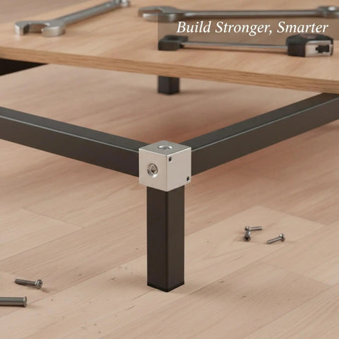 Chrome Plated Steel Square Tubing Connector Slip Fit Joint in shelving frame assembly with tools on wooden floor