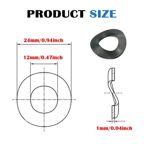 M12 Metric Wave Spring Washers Forged From Heavy Duty Carbon Steel With A Sleek Black Oxidized Finish Designed For Screws And Bolts Includes A Thirty Piece Set with size dimensions.