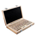 Open wooden case displaying Kickass 112 Piece HSS Steel Woodworking Gauge Block Kit For Router And Table Saw Featuring Deadly Precise.001mm Calibration Accuracy.