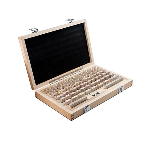Open wooden case displaying Kickass 112 Piece HSS Steel Woodworking Gauge Block Kit For Router And Table Saw Featuring Deadly Precise.001mm Calibration Accuracy.