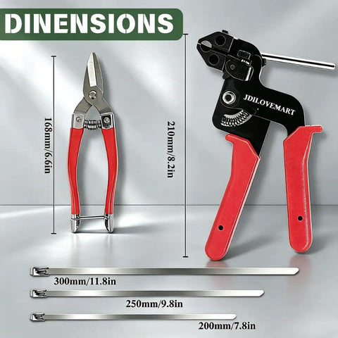 155 Piece Heavy Duty 304 Stainless Steel Cable Tie Gun Kit dimensions with red handles, ties in three sizes