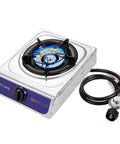 12000 BTU Propane Camping Stove With Auto Ignition For Outdoor Cooking Griddle Ready Cooker Perfect For Camping Hiking Fishing Includes CSA Regulator And Gas Hose, showing stainless steel burner with attached gas hose and regulator.