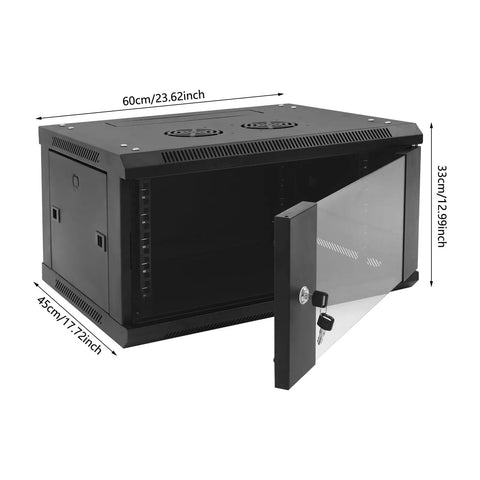 Legit Heavy Duty Wall Mount Network Server Cabinet For Organizing Tech Gear Including Switches Routers And Patch Panels With Solid Steel Frame In A Sleek 6U Rack Box open view showing dimensions and glass door.