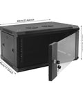 Top Shelf 6U Wall Mount Server Rack Cabinet With Secure Key Lock And Tempered Glass Door, shown with open door and detailed dimensions.