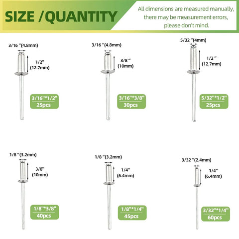Image of rivet sizes and quantities in the Heavy Duty Manual Riveter Kit With 6 Size Aluminum Blind Rivets Assortment 226 Pcs.