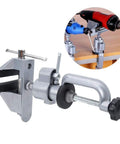 Beefy Aluminum Electric Drill Stand For Drill Press Use, affixed on table showing adjustable mechanism and sturdy aluminum construction